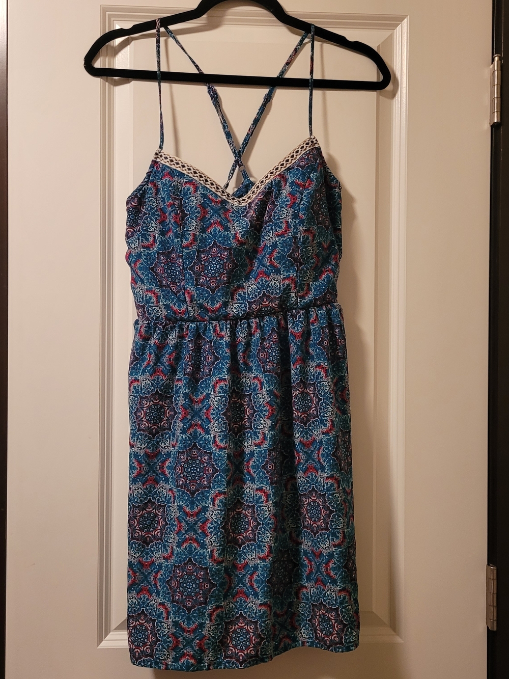 Three Pink Hearts Dress, Women's Medium, Blue Red White, Floral, Spaghetti Strap